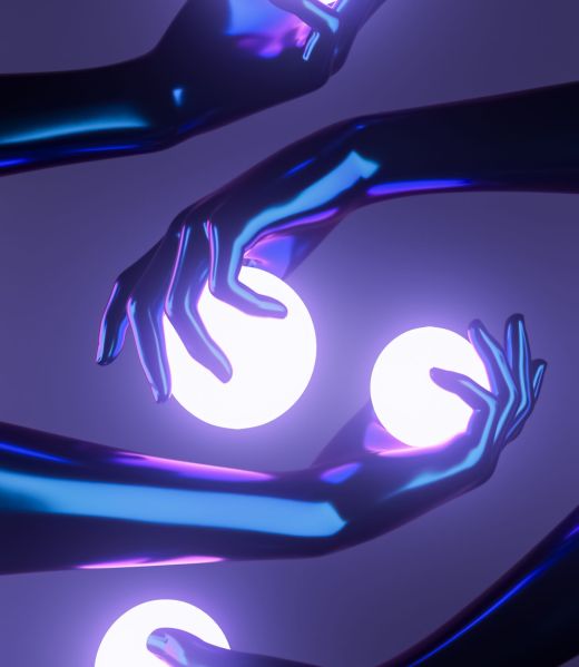 3d rendering hands holding illuminated magic sphere. People interaction. Abstract dark room scene. Creative background. Neon metallic texture. Template with space for text